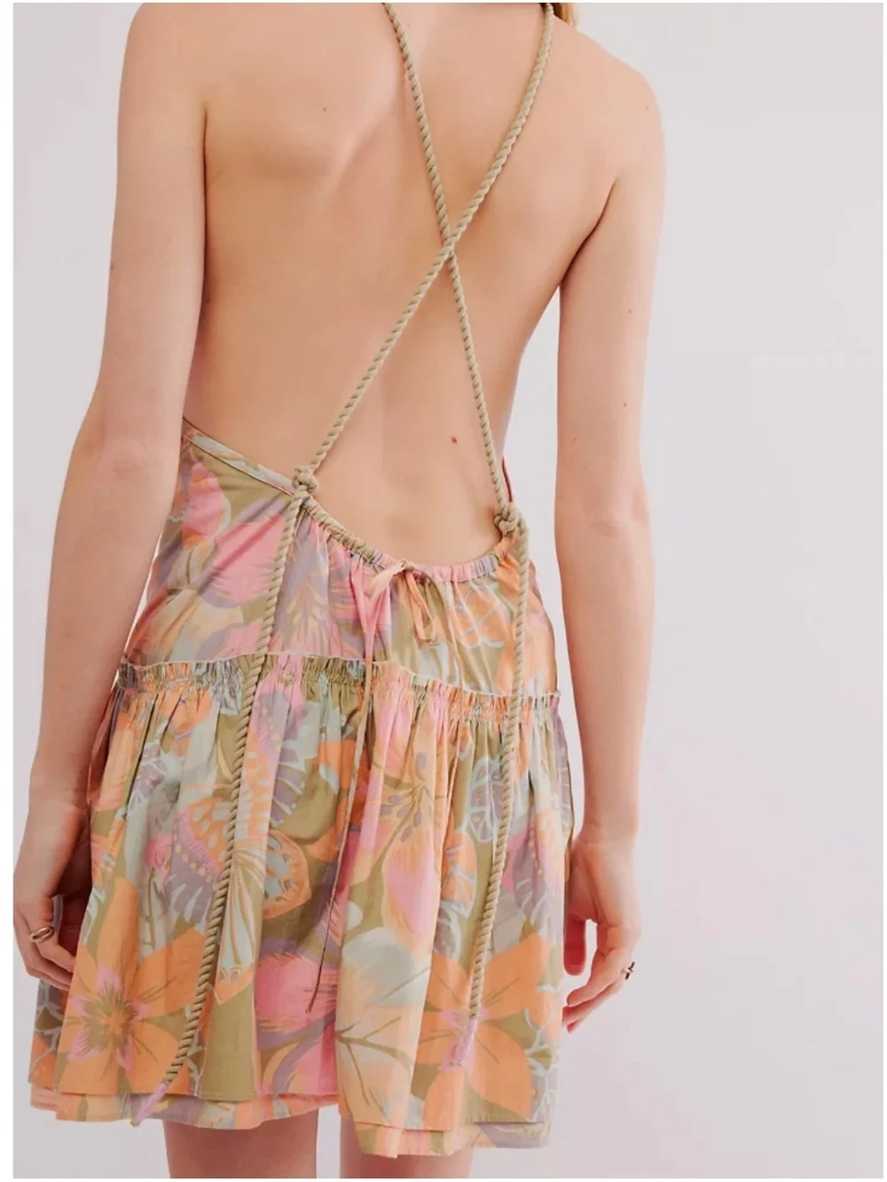 Free People Rainforest Combo DesPastel Floral Halter Mini Dress Size Large
